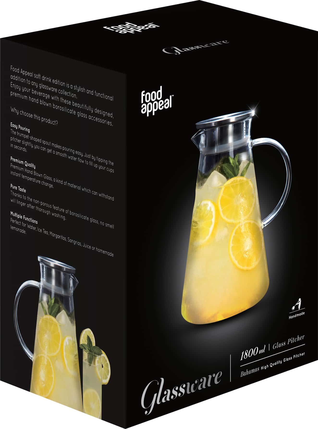 קנקן זכוכית לשתיה קרה 1.8 ליטר + 6 כוסות דגם Food Appeal Bahamas