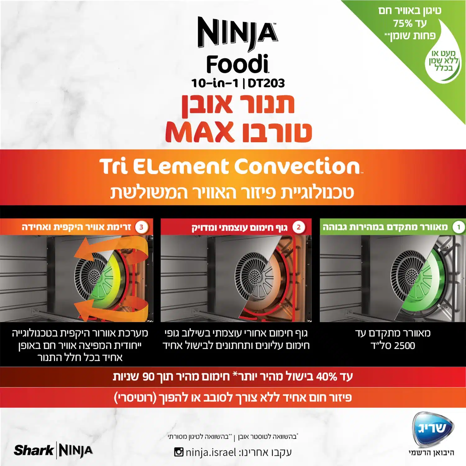 תנור אובן דיגיטלי Ninja® Foodi 10-in-1 XL Pro Air Fry Digital Toaster Oven דגם DT203 יבואן רשמי שריג אלקטריק